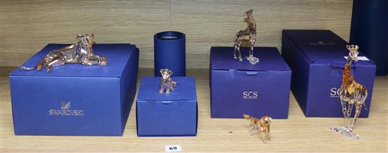 Five Swarovski amber glass animals, boxed tallest 20cm